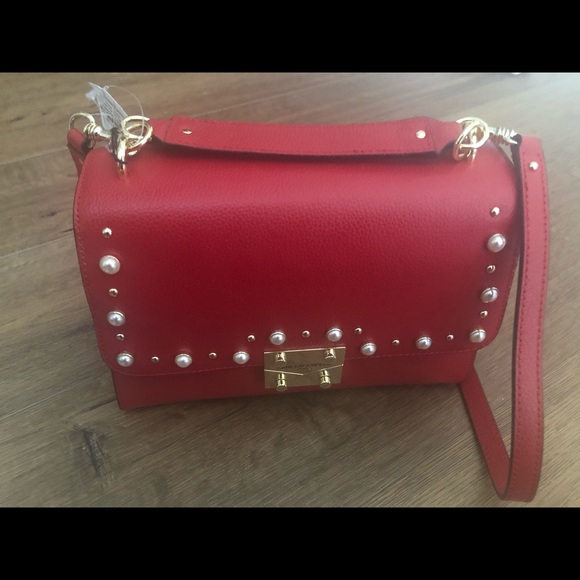 KARL LAGERFELD-NWT Red Leather Crossbody Handbag with Pearl Accents - Picture 11 of 16
